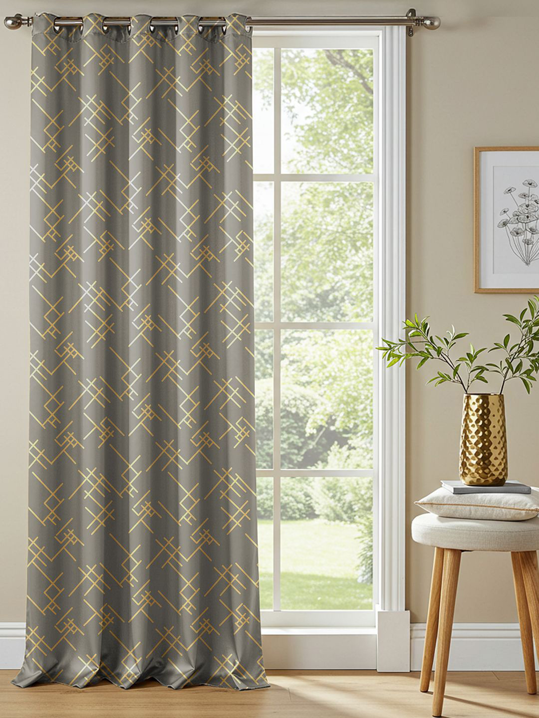 URBAN SPACE Grey & Yellow Printed Cotton Black Out Door Curtain
