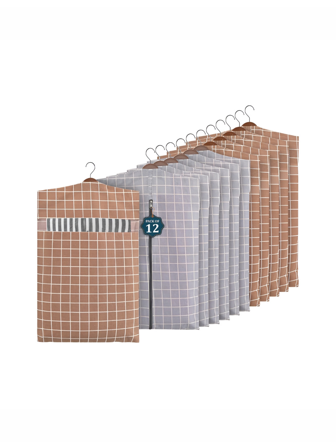 Aura 12 Pieces Grey & White Cotton Hanging Saree Covers for Storage