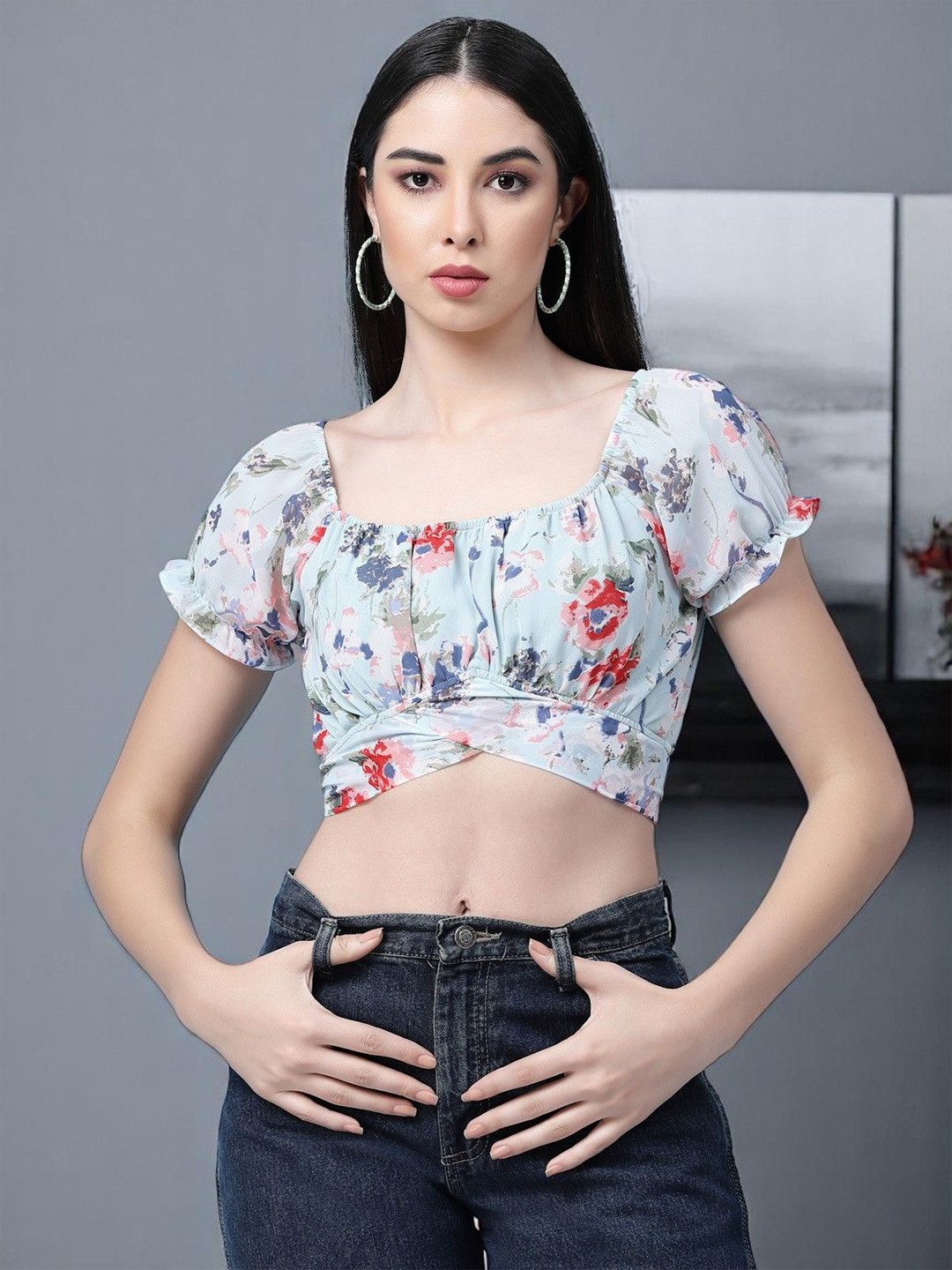 OOMPH! FACTOR Women Floral Print Puff Sleeve Blouson Crop Top