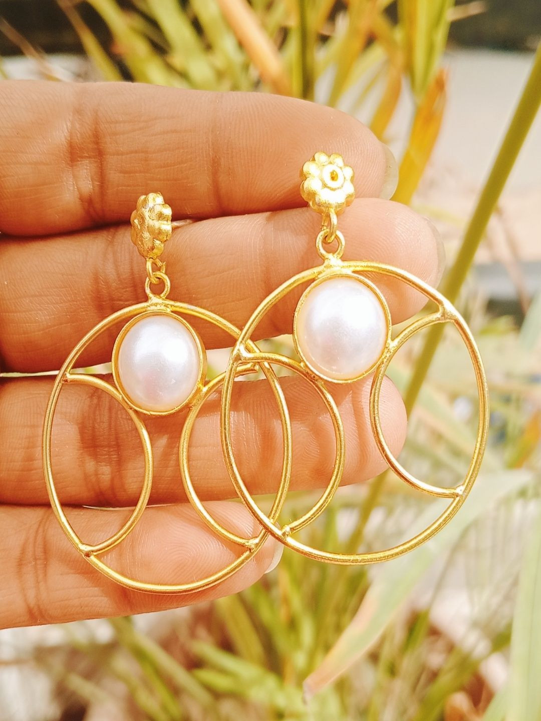 Shrim jewels Gold Plated Pearls studded circular Shaped Drop Earrings