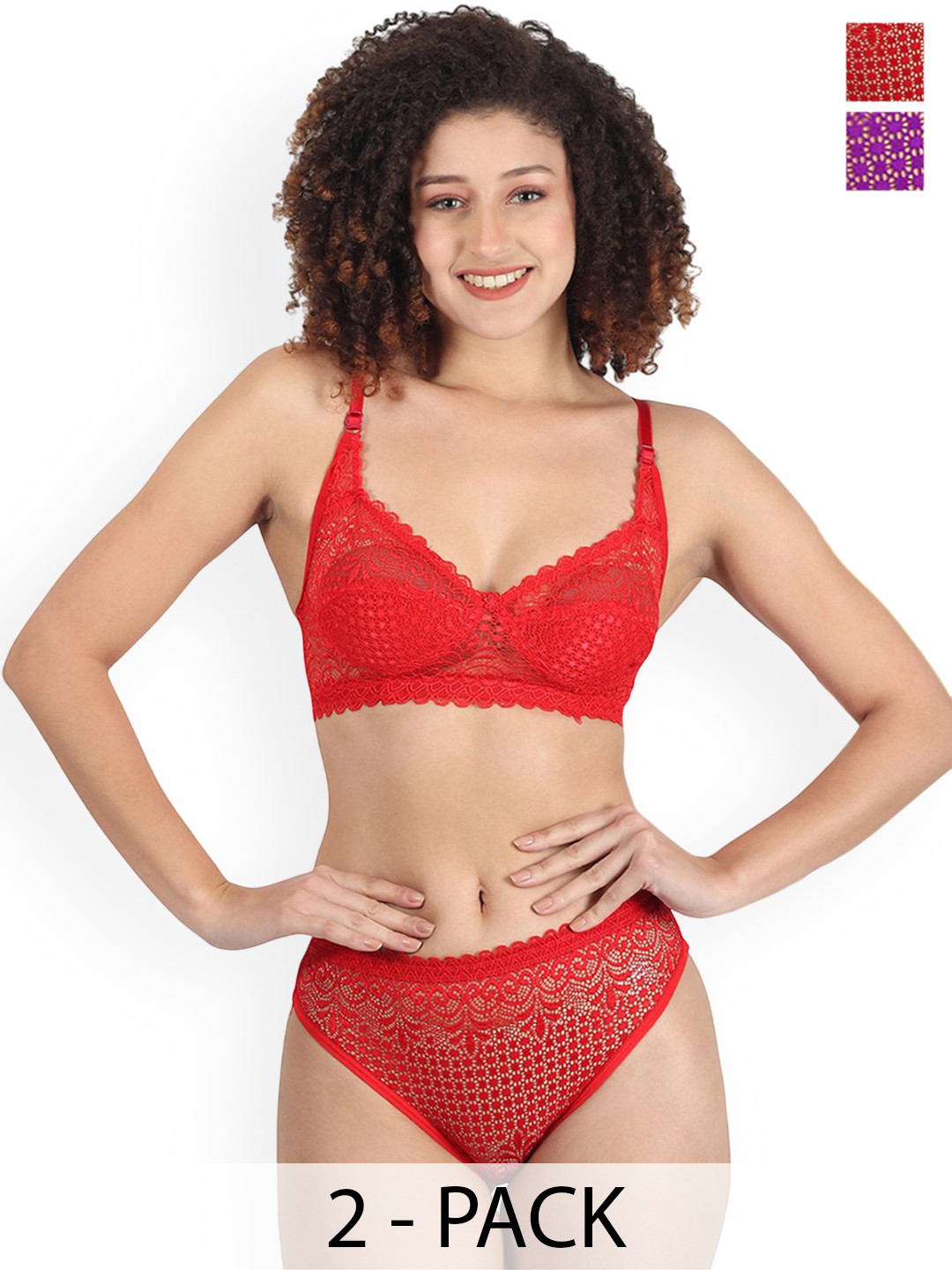 PIBU Pack Of 2 Non-Padded Lingerie Sets A-Rain-Set_R,Pu