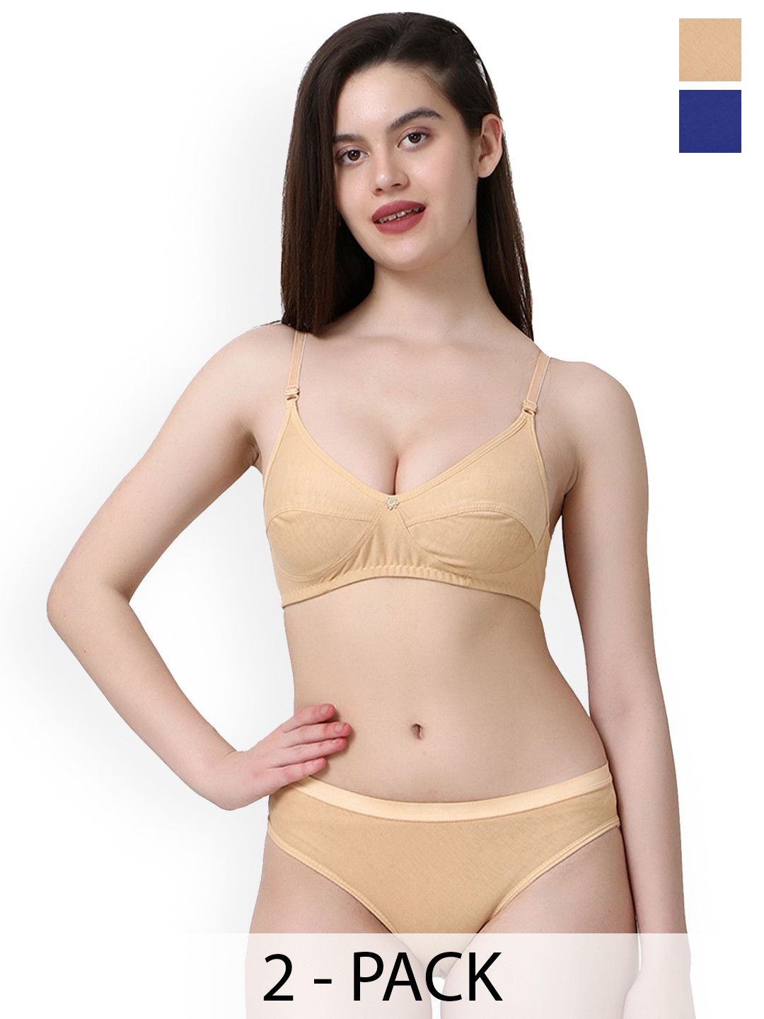 PIBU Pack Of 2 Cotton Bra Panty Lingerie Set B-Ruchi-Sett_B,Br-Blue,Brown