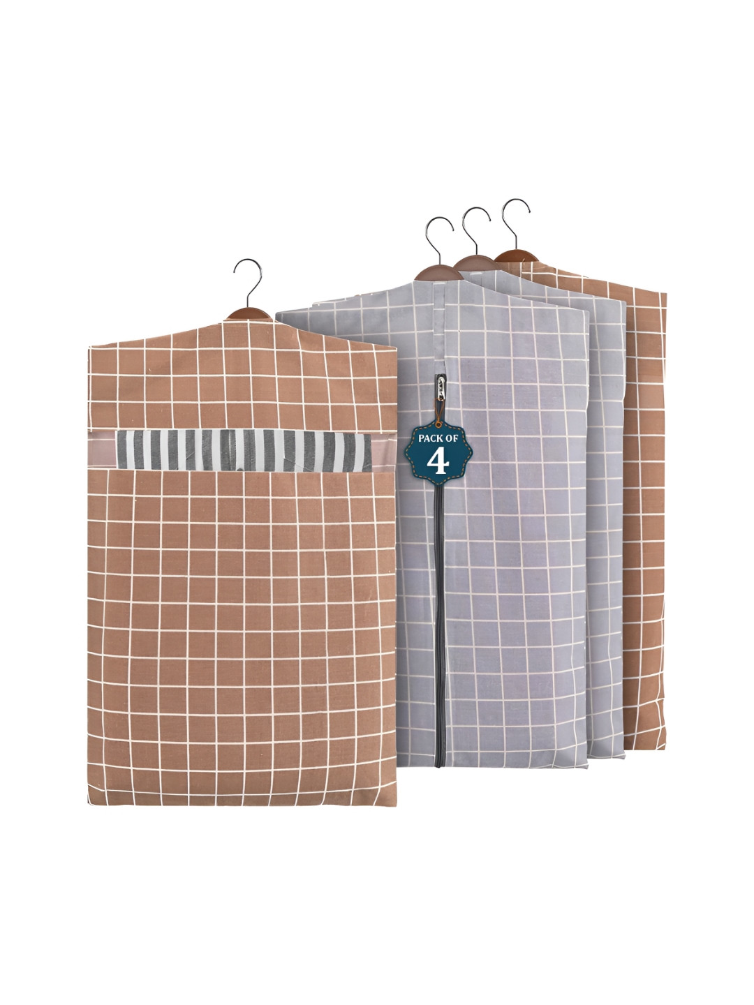 Aura Grey & Brown 4 Pieces Cotton Hanging Clothes Packing Bags
