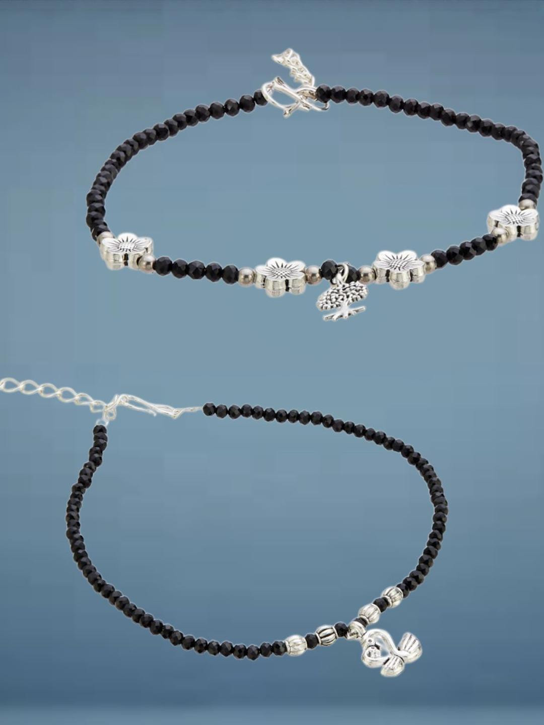 Anouk Silver-Plated Artificial Stones Studded And Beaded Anklet Set Of 2