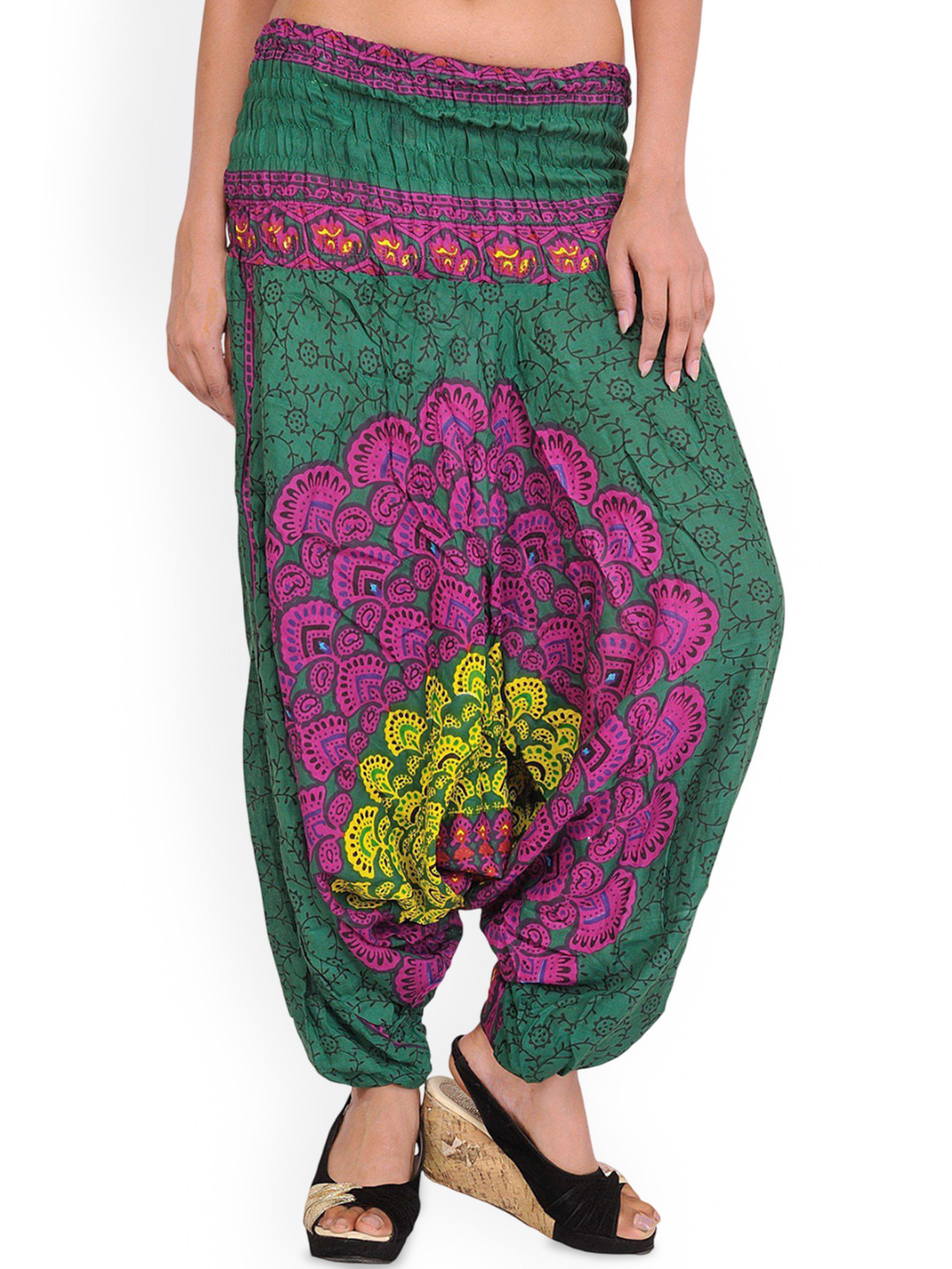 Exotic India Women Floral Printed Harem Trousers for Women with Elastic Waist