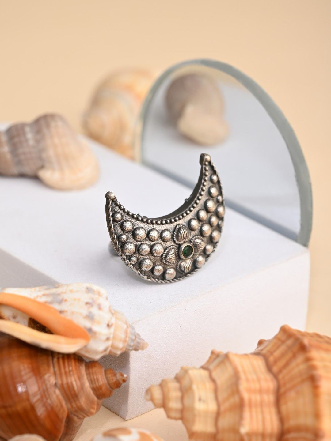Anvik Silver-Plated American Diamond Studded Crescent Moon Shaped Finger Ring