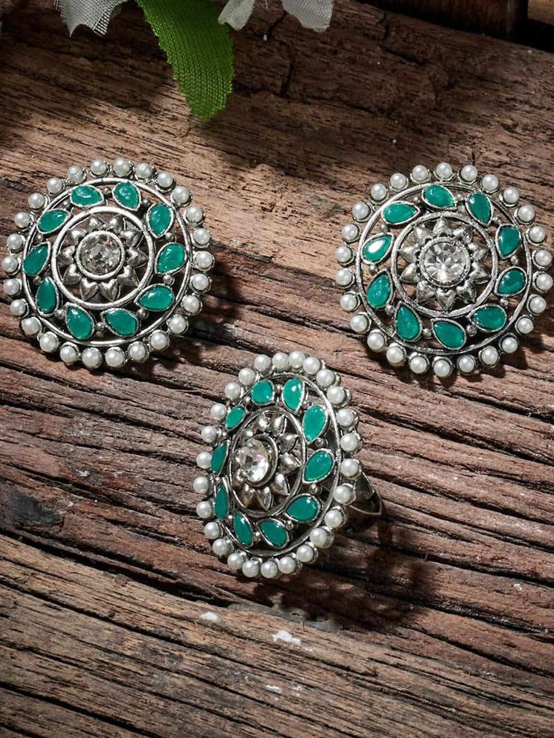 Sangria Turquoise Stone-Studded & Kundan inspired earrings and ring set