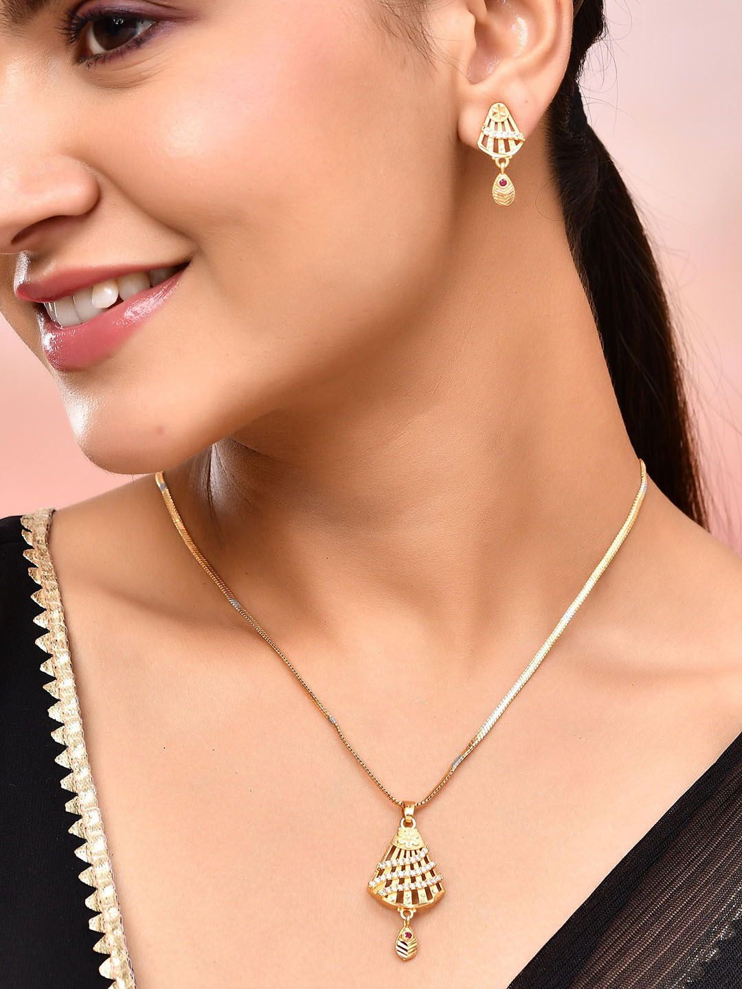 VOJ Gold Plated American Diamond Studded Designer Shaped Pendant Set