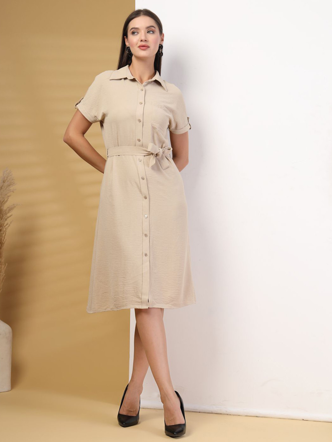 T TRYON ULTIMATE Women Solid Shirt Midi Dress Comes with Belt