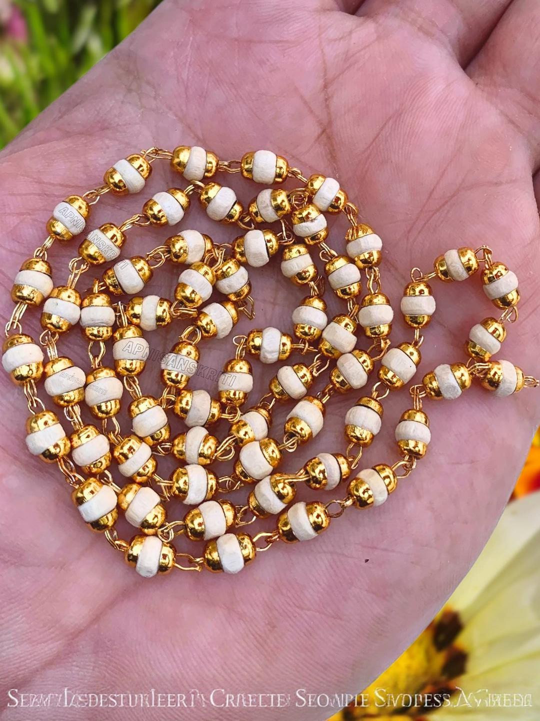 Apnisanskriti Unisex White Tulsi Golden Caps Mala