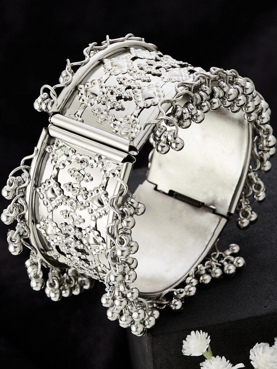 Sangria German Silver Plated & Floral Textured Geometric Shaped Bangle