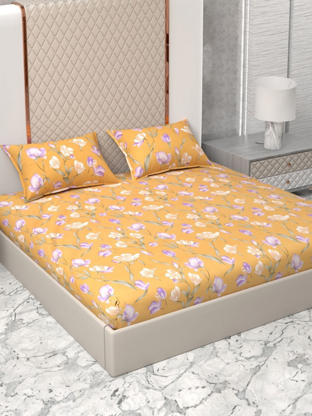 Star Weaves Yellow & Purple Floral Cotton 350 TC Queen Bedsheet Set 1.82 m x 1.82 m