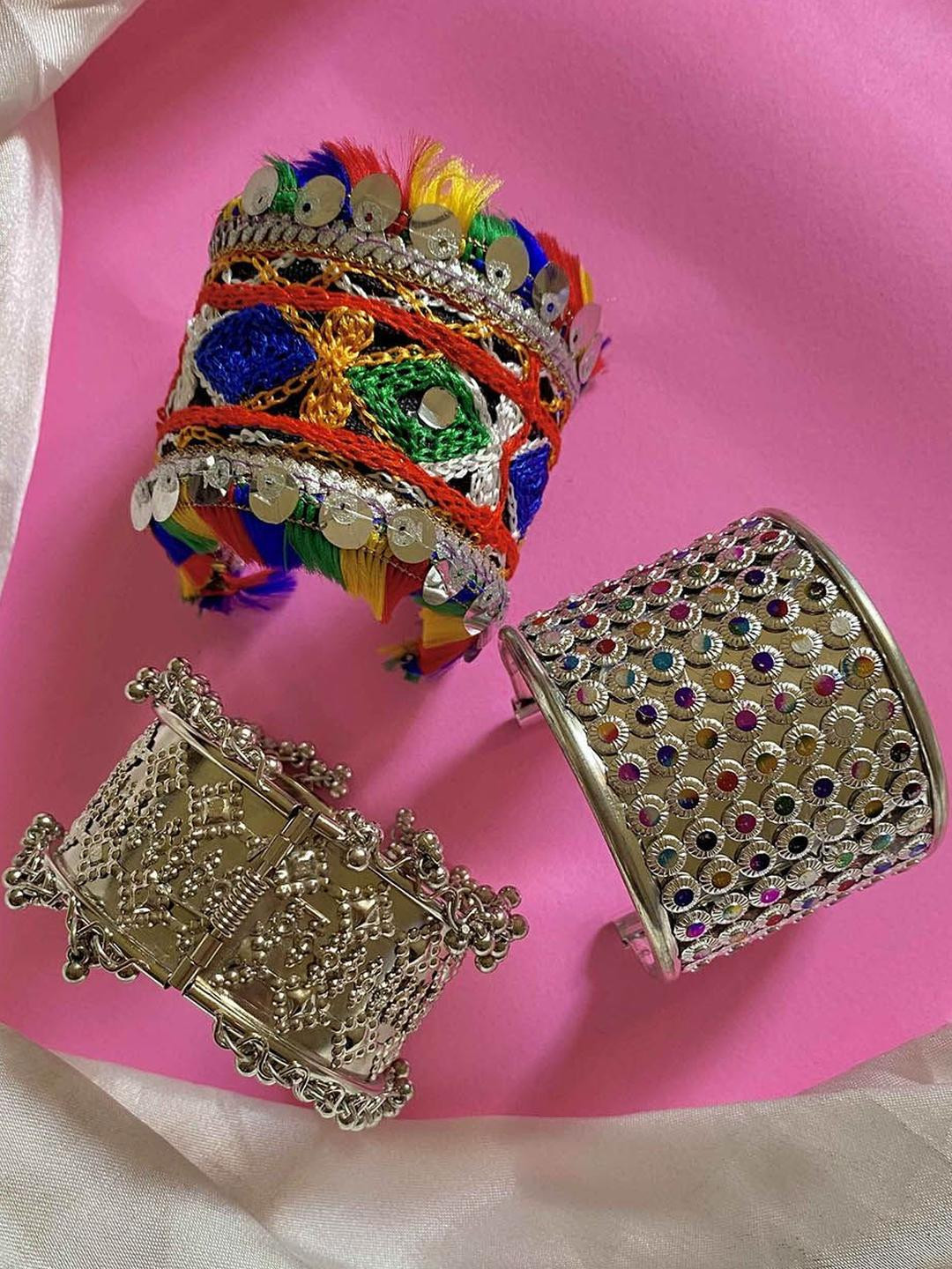 Sangria Set of 3 German Silver  & Multicoloured  Round Shaped -Textured Bangles