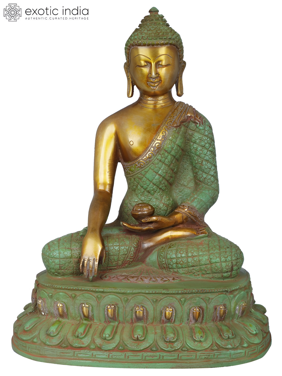 Exotic India Green Lord Buddha Wearing Vishwa-Vajra Carved Robe Idol Showpiece