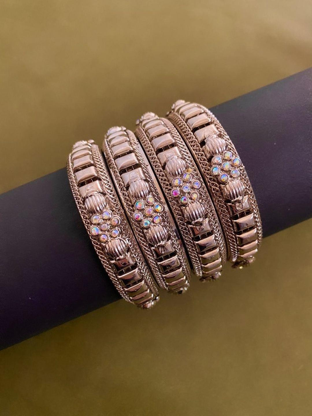 Anouk Set of 4 Metallic Stone Studded & Floral Shaped Bangles