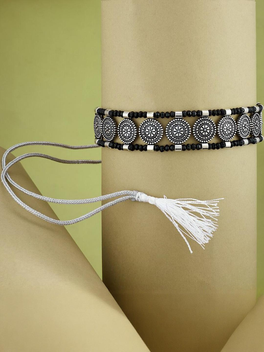 Sangria German Silver Plated & Floral Shaped Blacek Beaded Necklace Choker Set