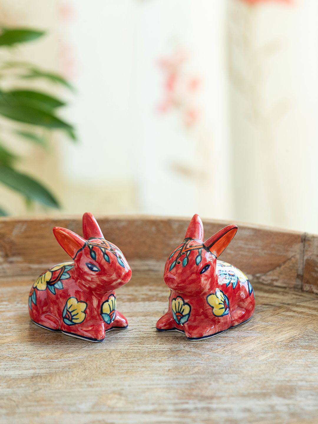 ExclusiveLane Seasoned Pair Red 2 Pieces Bloomy Rabbits Ceramic Salt & Pepper Shakers-50ml