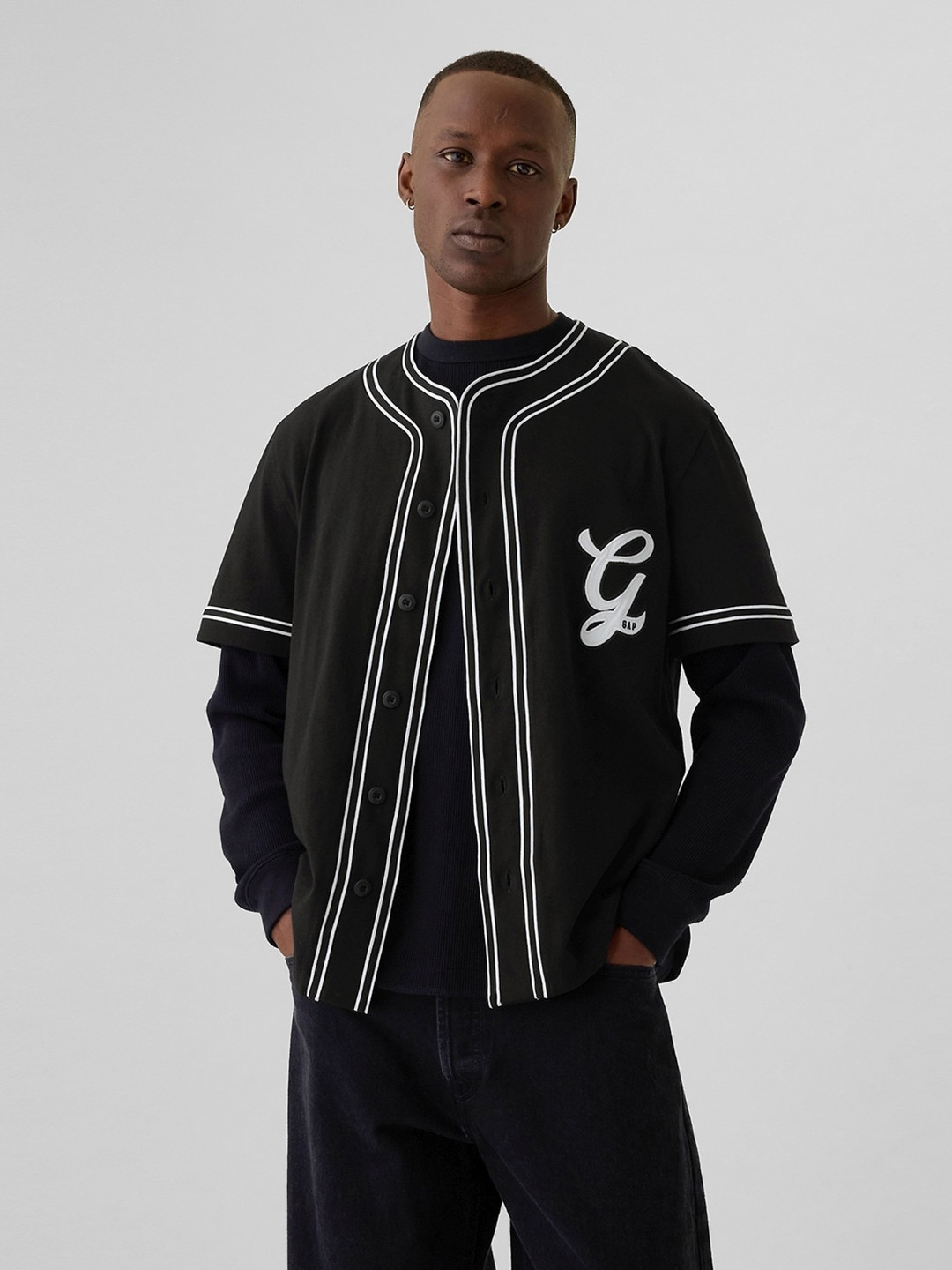 GAP Collarless Brand Logo Printed Applique Detail Relaxed Fit Casual Shirt