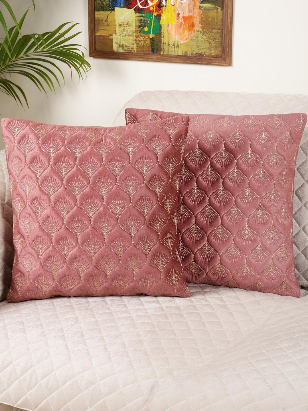 MONKDECOR Feather Desin Floral Velvet Washable 2 Pcs Embroidered Cushion Covers -12x12In