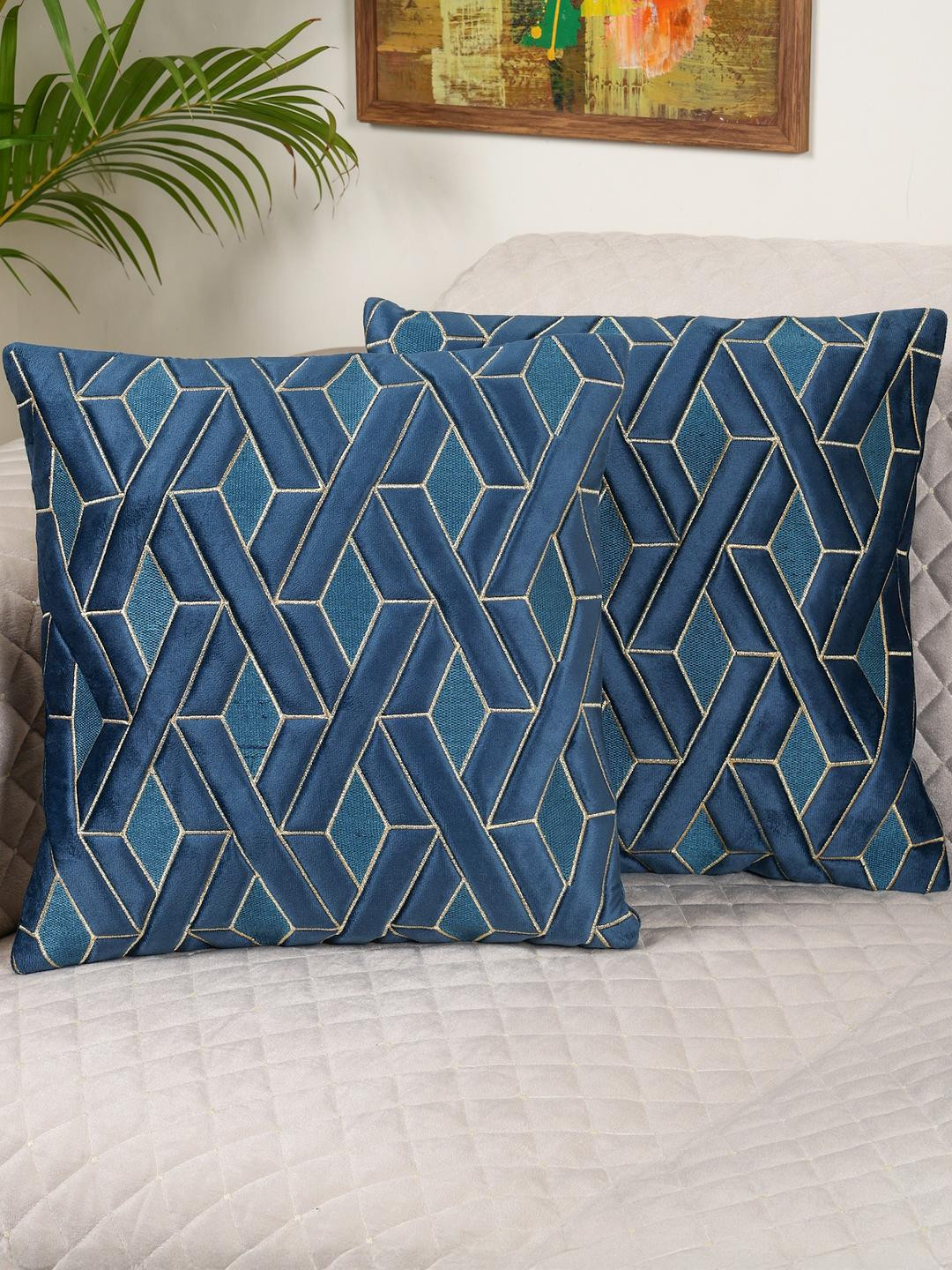 TANLOOMS Geometric Blue Velvet Washable 2 Piece Embroidered Square Cushion Covers -16x16In