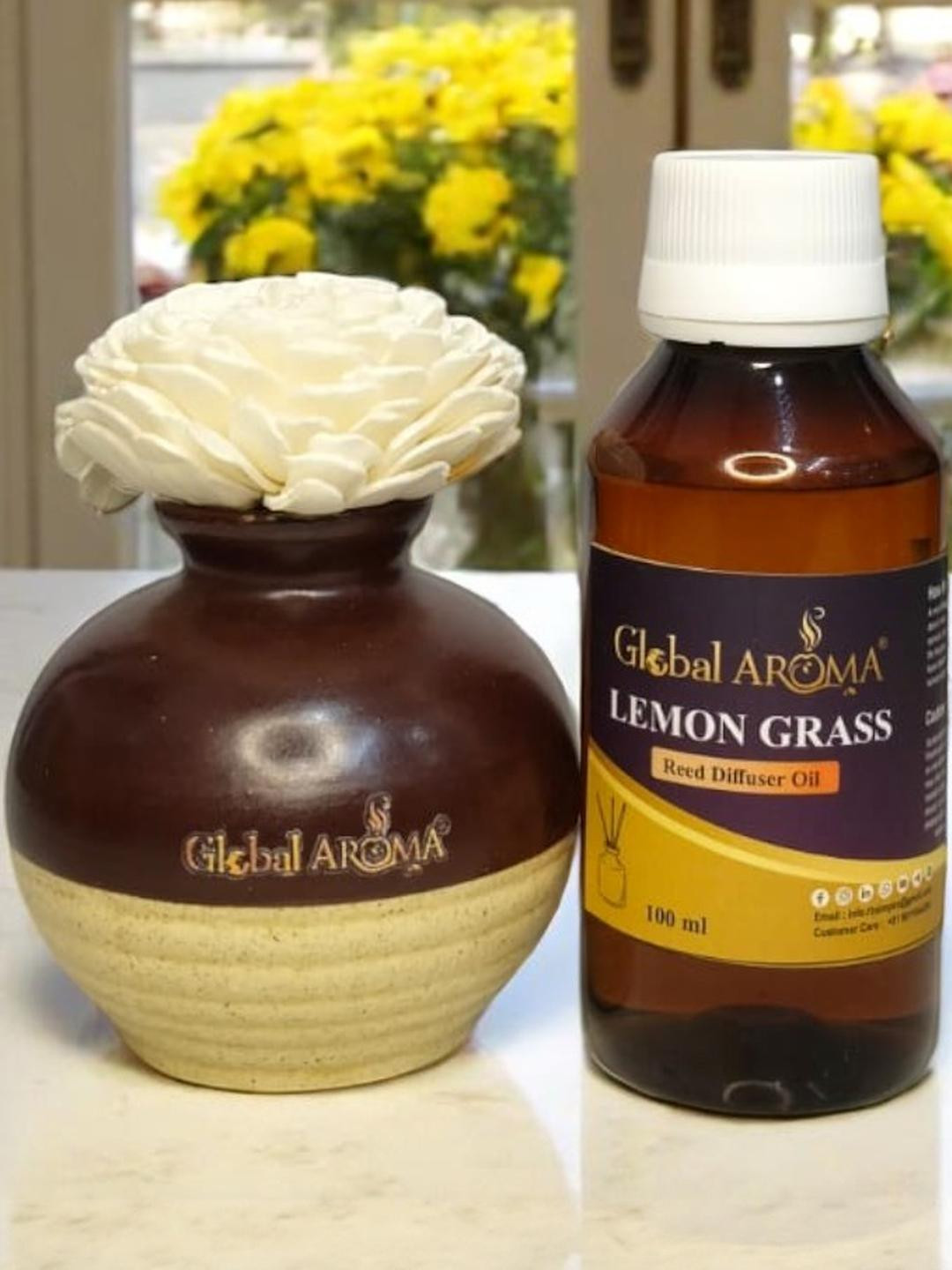 GLOBAL AROMA Lemon Grass Fragracne Ethenic Flower Pot Reed Diffuser Set