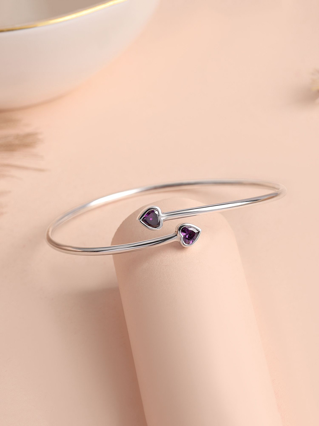 Ornate Jewels 925 Silver Purple Cubic Zirconia Heart Cuff Flexible Bangle