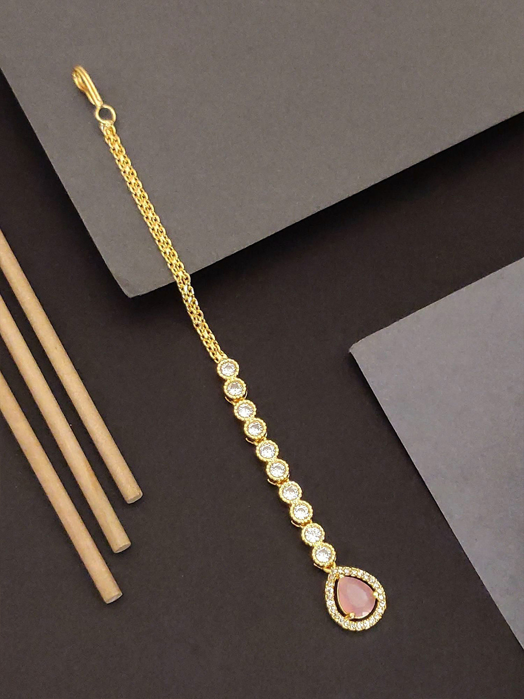ABDESIGNS Ellite Gold-Plated American Diamond Stone Studded Maang Tikka