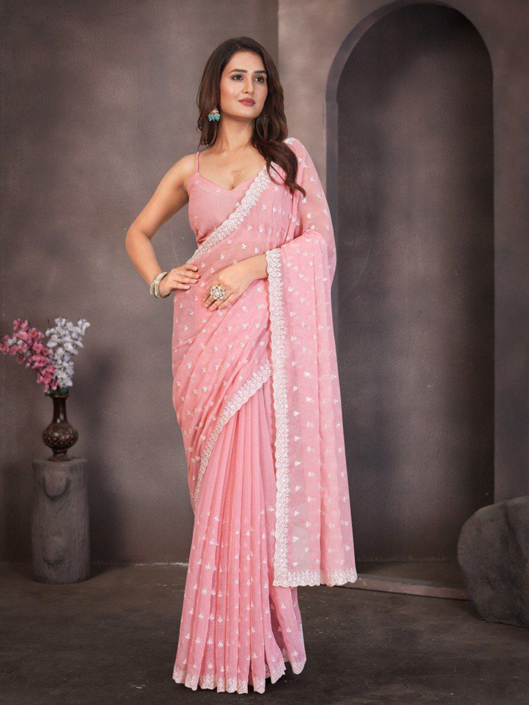 Branzios Women Ethnic Motifs Sequinned Pure Chiffon Saree