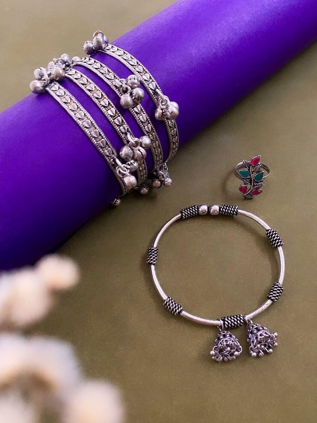 Sangria Set of 3 German Silver Plated & Multicolour Stone Studded Bangles & ring