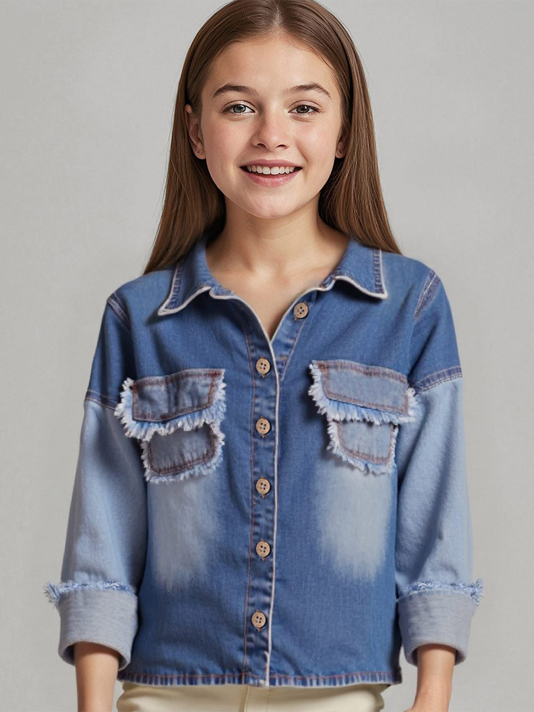 ARIAS By LARA DUTTA Girls Oversized Washed Effect Dyed Chest Pocket Detail Denim Shirt