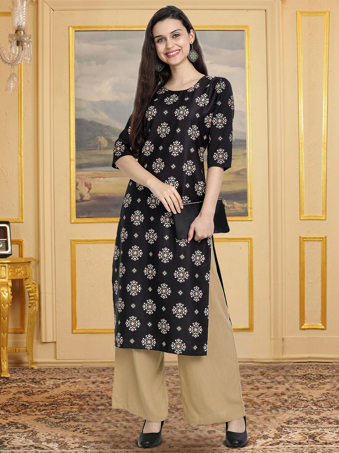 HERE&NOW Floral Printed Round Neck Straight Kurta