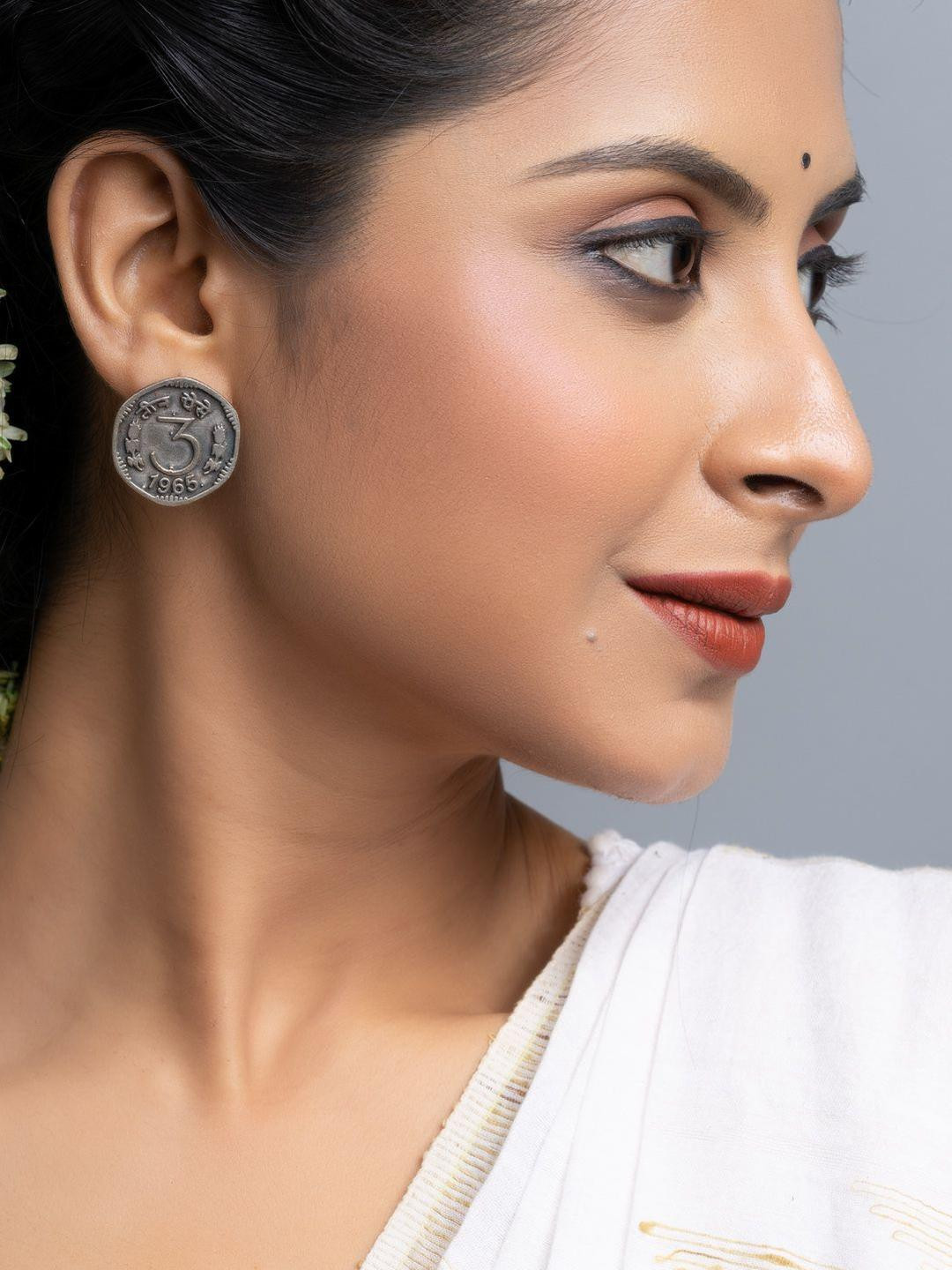 Look and Adorn Oxidised Silver 3 Paise Stud Earrings