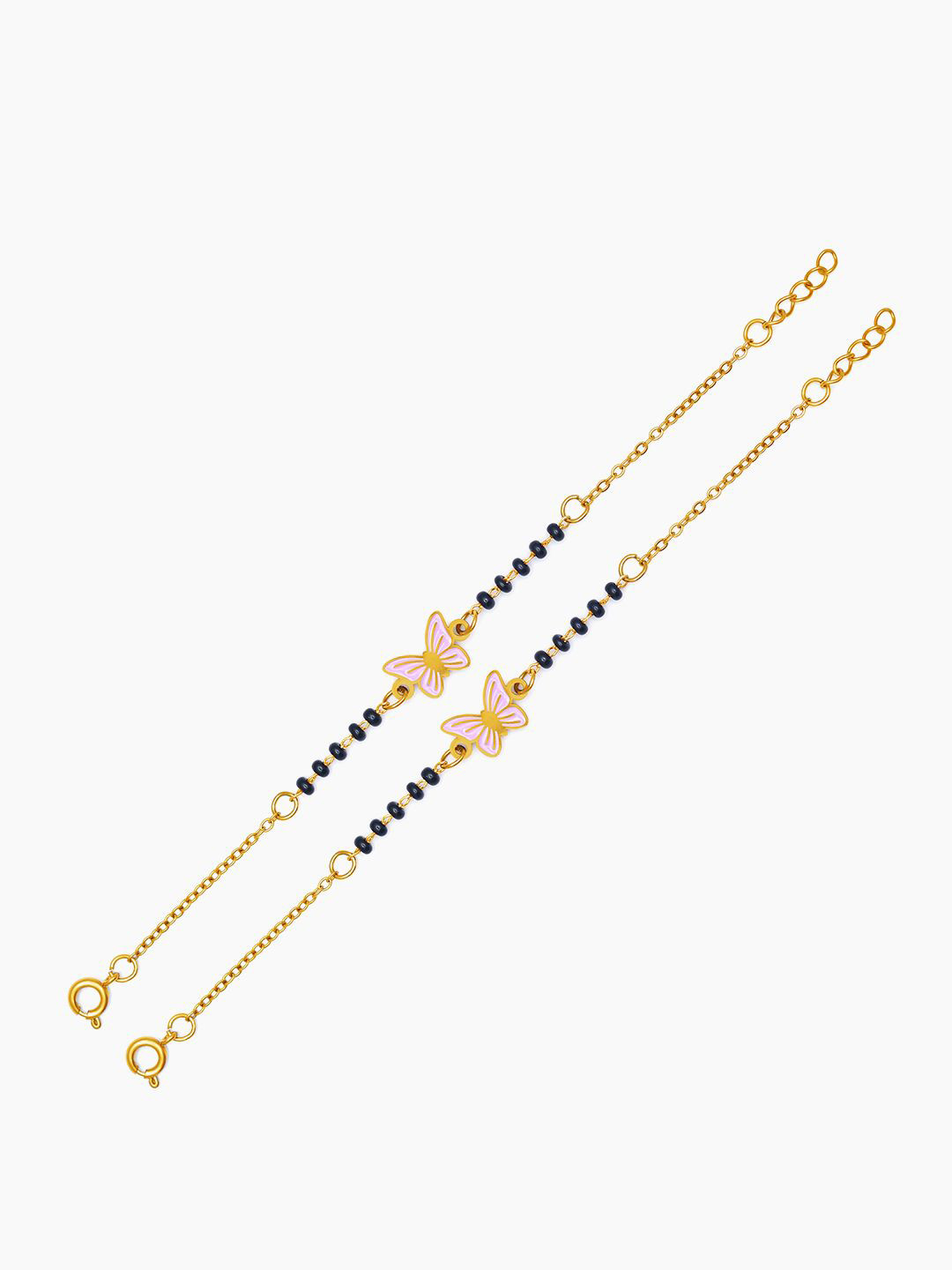 SWASHAA Girls Set Of 2 18K Gold-Plated Beaded Flutter Grace Butterfly Charm Bracelets