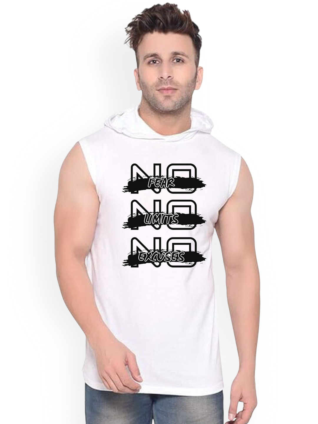 FABSTIEVE Men Hooded No Fear Printed Gym Vest