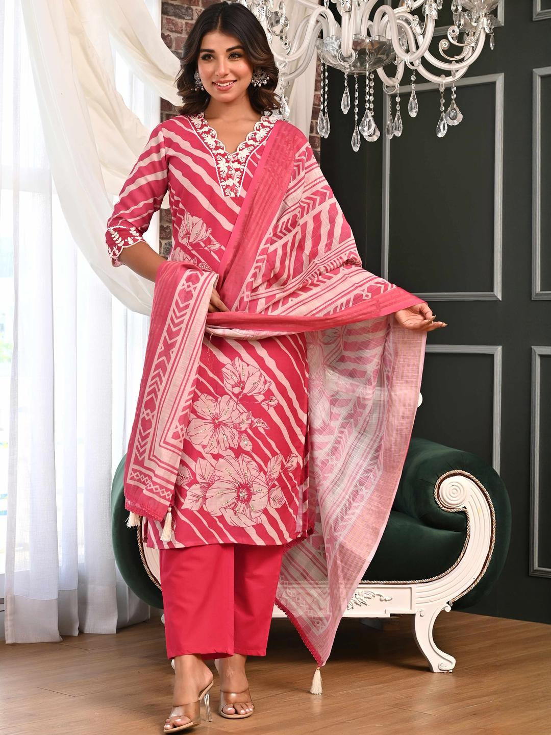 Peachmode Women Pink Linen Kurta Sets