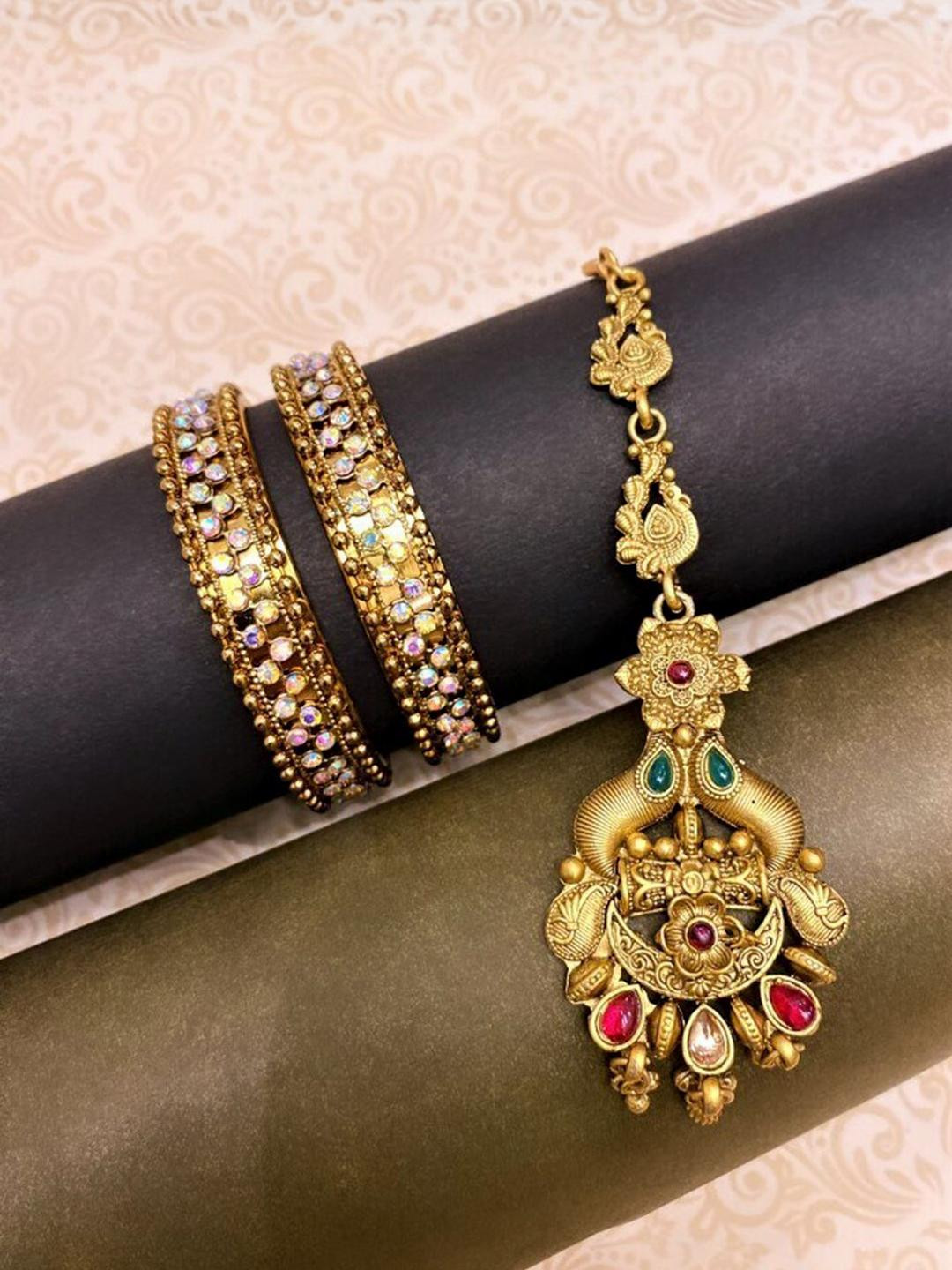 Anouk Set of 3 Gold Plated & Floral Shaped Multicoloured Stone Studded Maangtikka & Bangles
