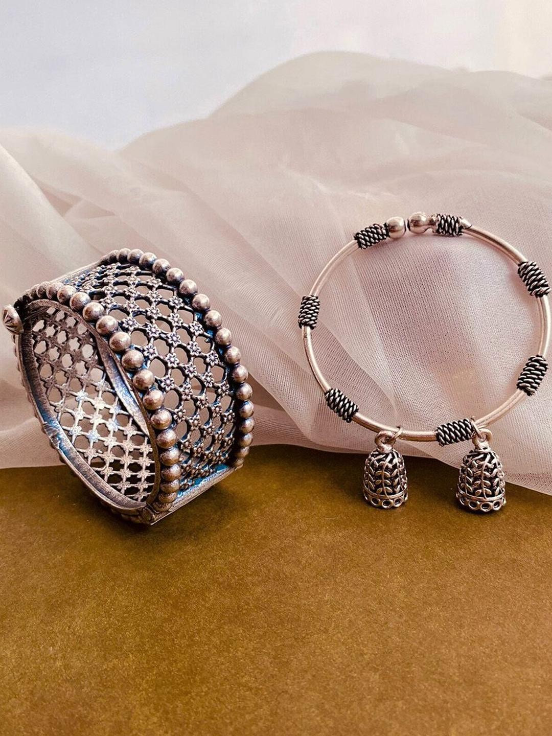 Sangria Set of 2 German Silver Plated & Floral Shaped Kada Bangle set with Jhumki Drop
