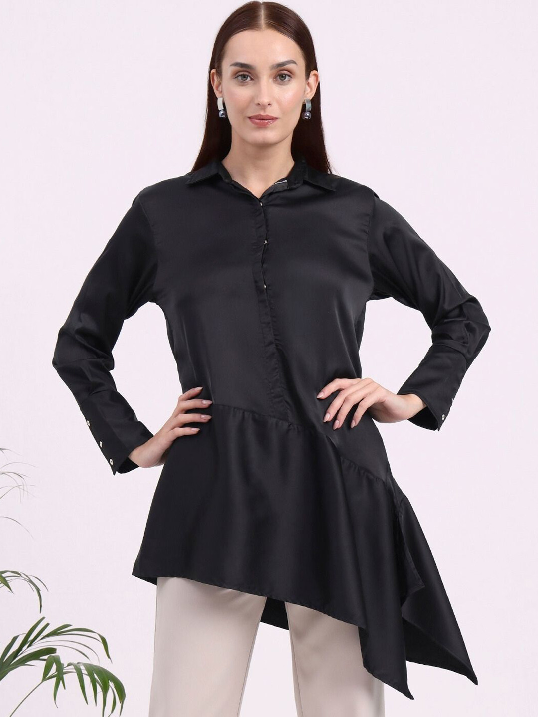 AMSWAN Women European Satin Asymetrical Shirt Top