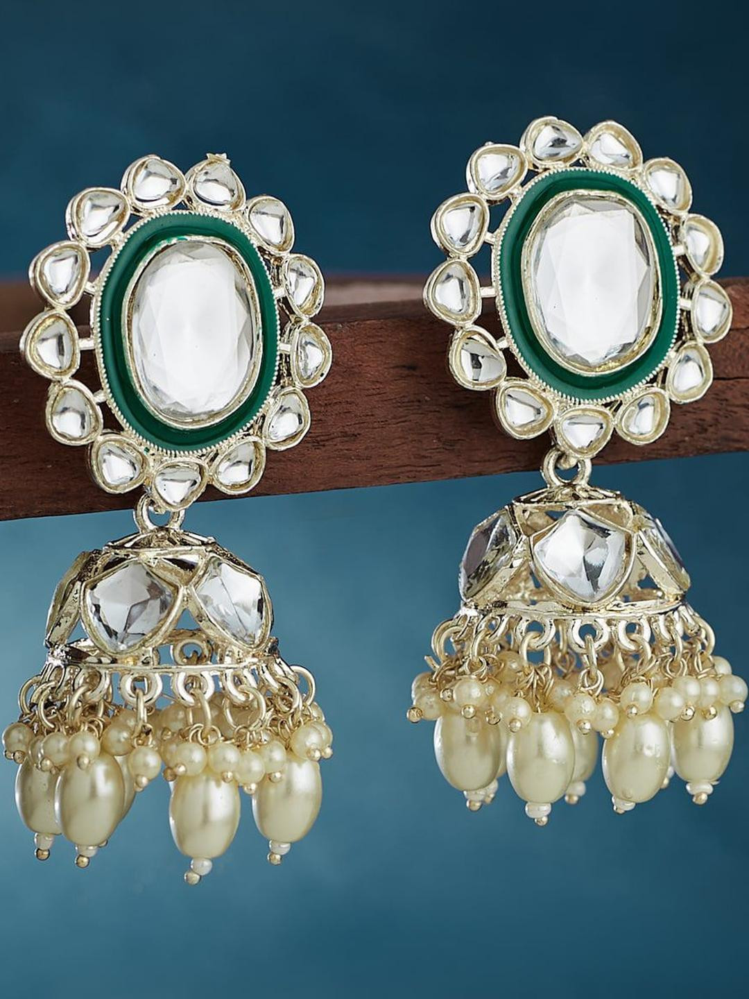 Anouk Gold Plated Artificial Stones Studded & Kundan Beaded Dome Shaped Jumkas