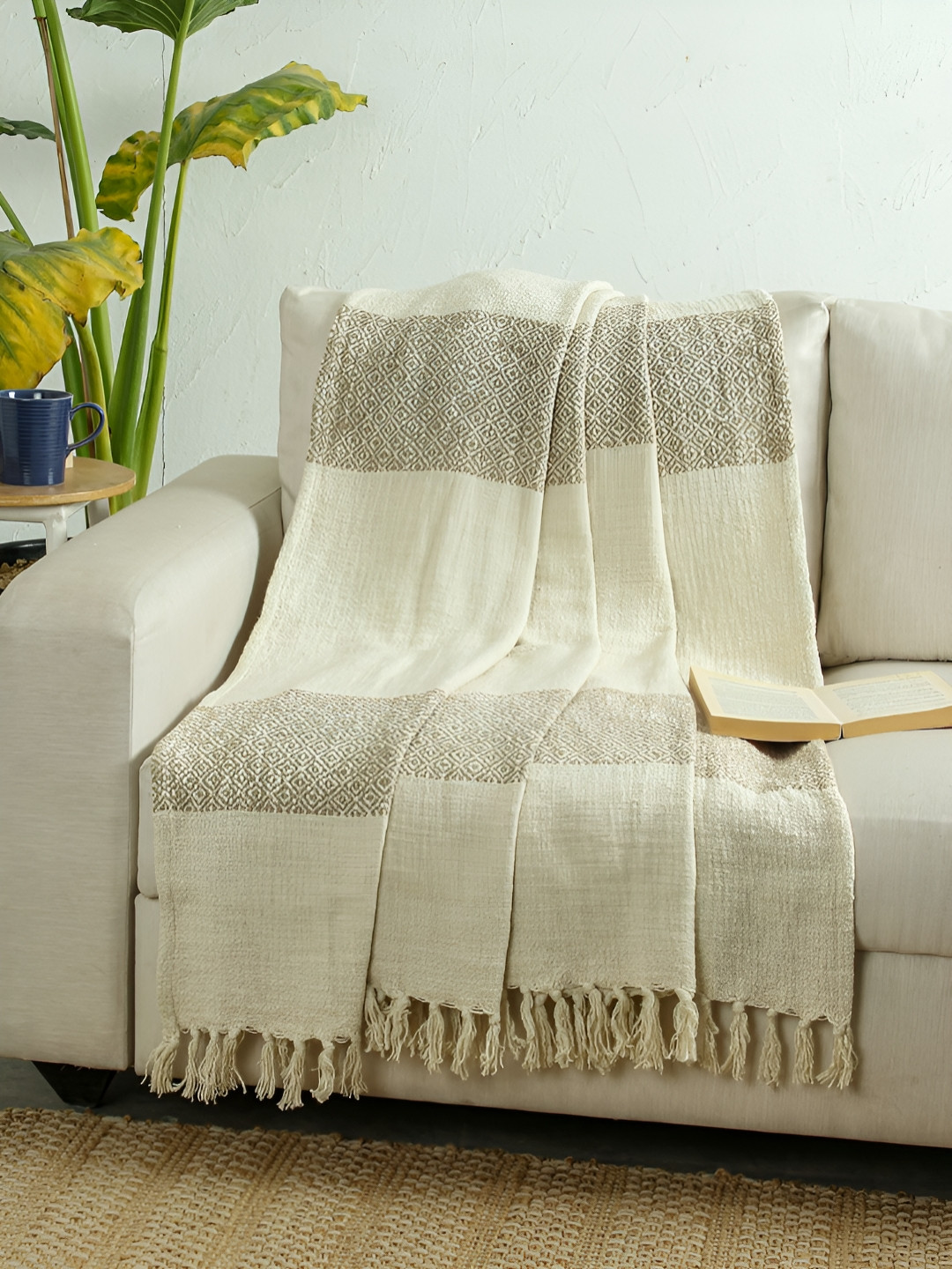 House This Beige & Off White Self-Design Tamraparni Sofa Throw