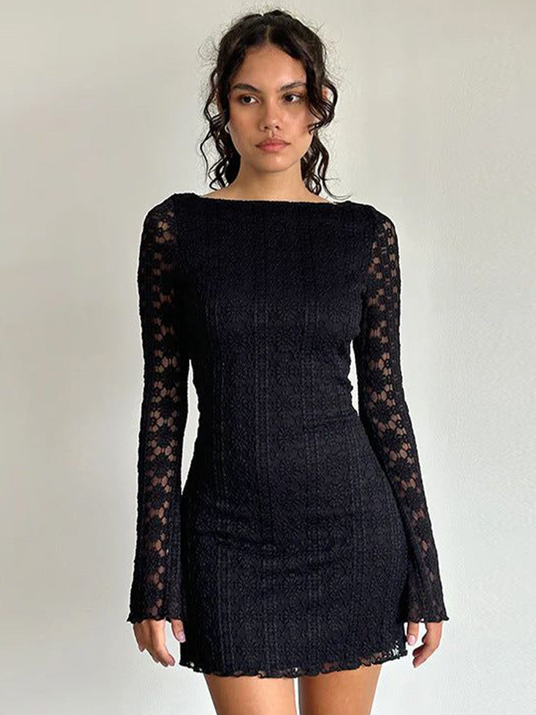 Outzidr Black Textured Mini Dress