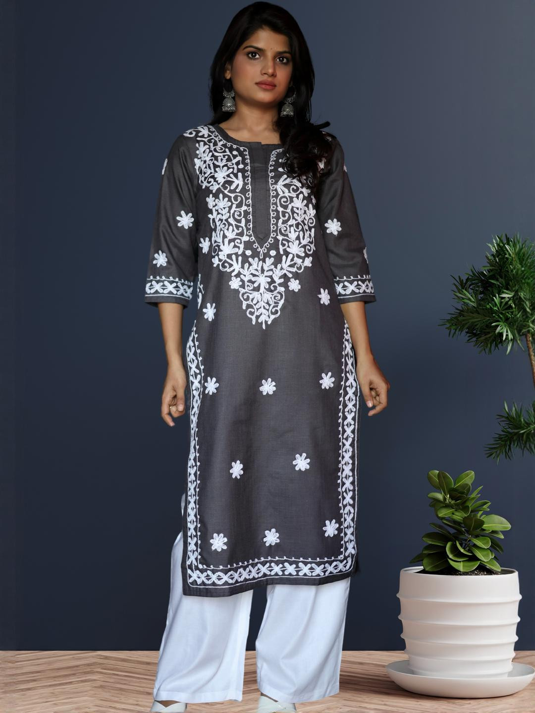 myplusfashion Grey Melange Viscose Rayon Kurtas
