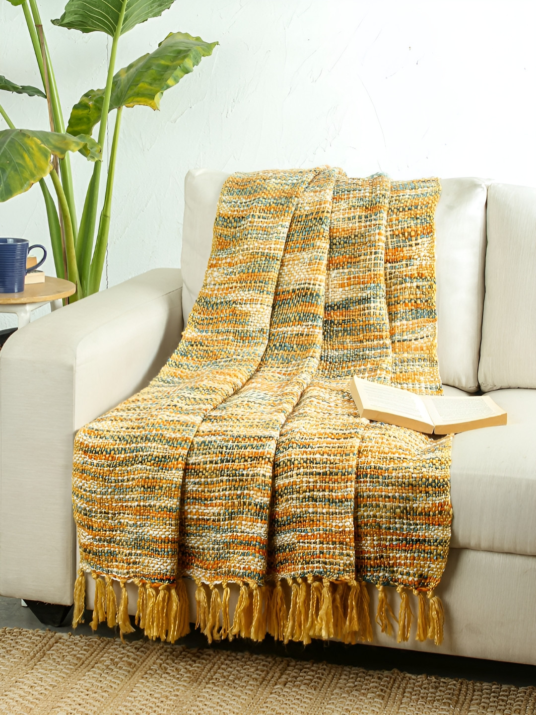 House This Yellow & Blue Self-Design Manjari Sofa Throw