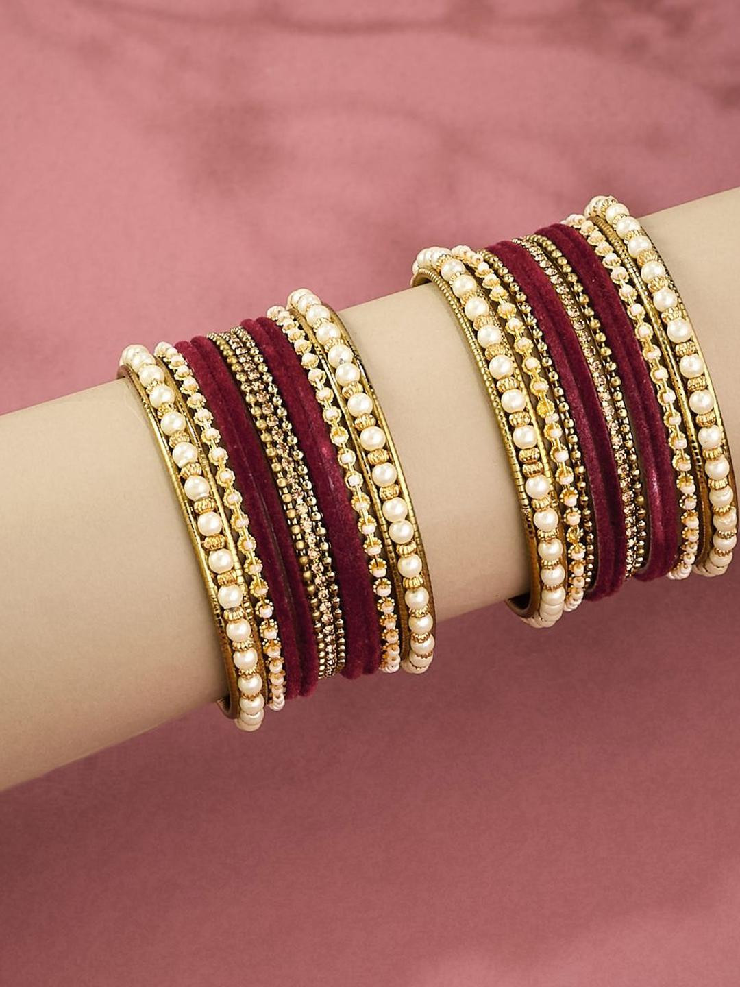 Anouk Set of 22 Gold Plated & Maroon-White Stone Studded-Textured Bangles