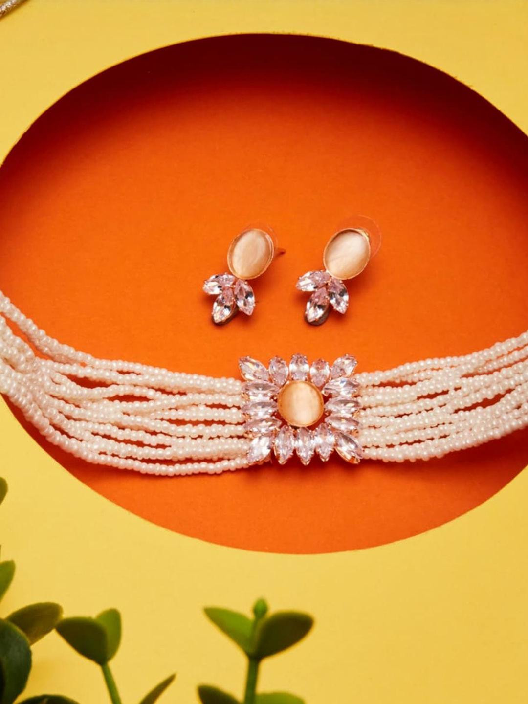 Anouk Rose Gold Plated & Peach CZ Stone Studded floral shaped Choker set