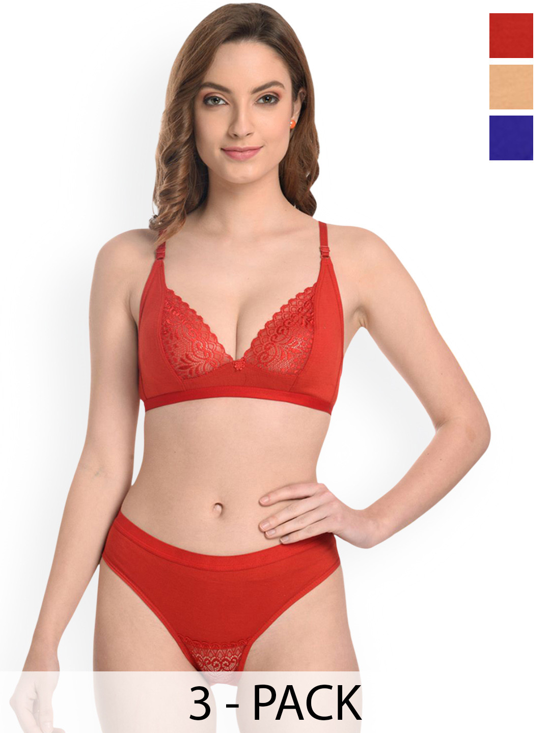 PIBU Pack Of 3 Cotton Non-Padded Lingerie Sets B-Yani Set_R,B,Br-Red,Blue,Brown