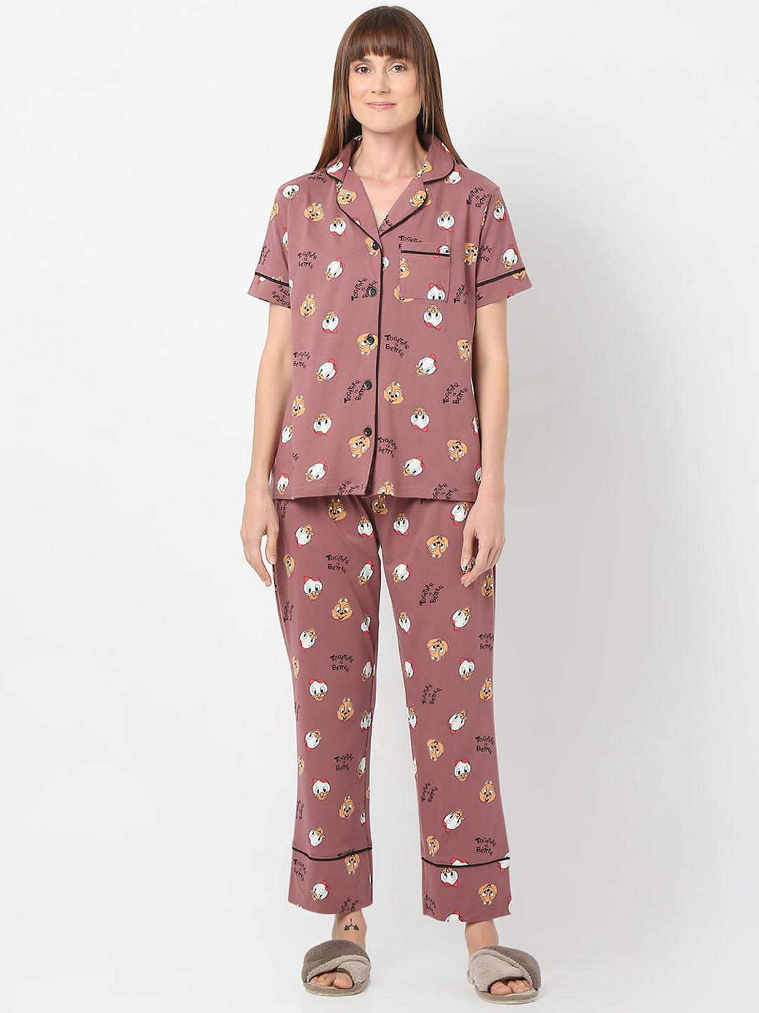 Smarty Pants Women Cartoon Characters Printed Lapel Collar Night suit