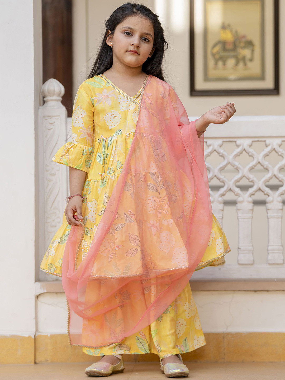 Sangria Kids-Girls Printed Angrakha Kurta & Sharara With Dupatta