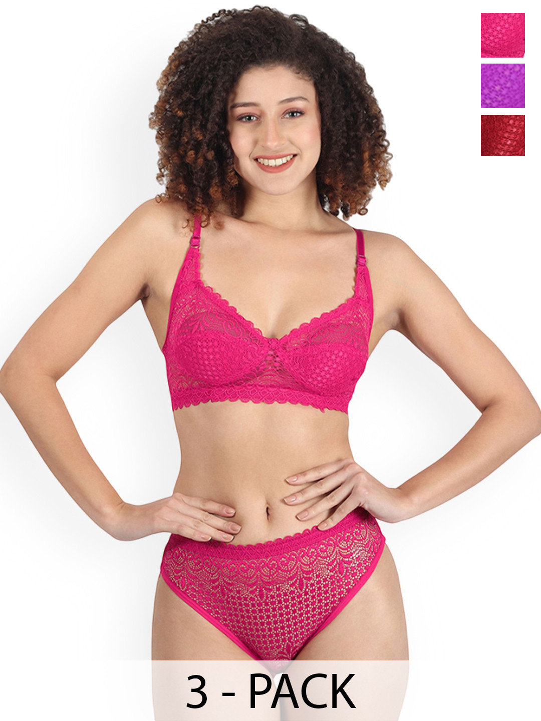 PIBU Pack Of 3 Non-Padded Lingerie Sets B-Rain-Set_Pu,P,M