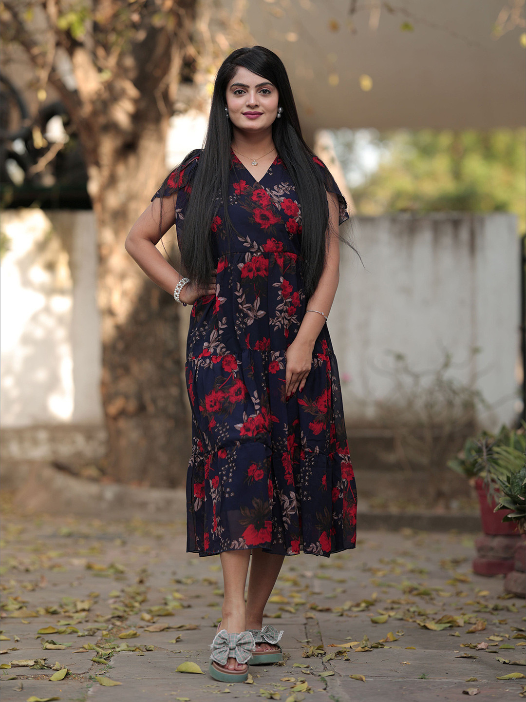 HOSI Women Floral Print A-Line Midi Dress